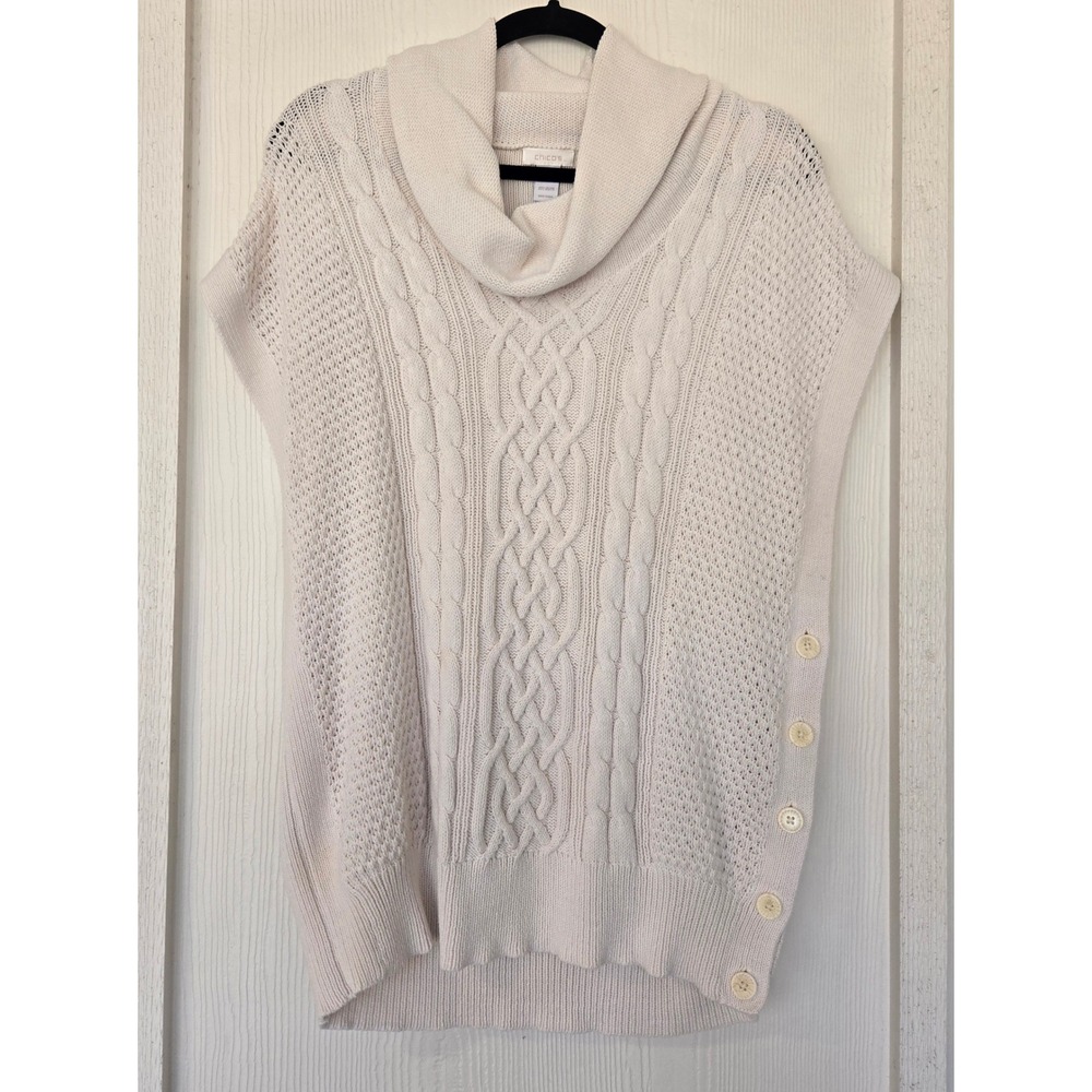 Chicos Cream Cable Knit Cowl Neck Sweater Vest Sz S/M Fisherman Cottagecore Cozy
